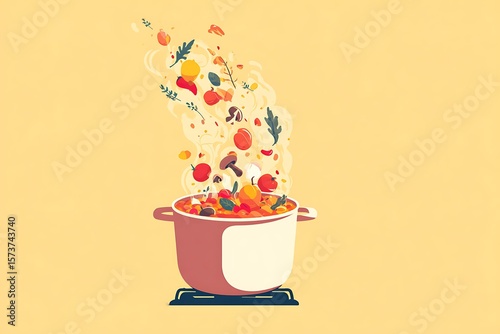 A vibrant illustration of a pot of soup with fresh ingredients like tomatoes and mushrooms bubbling and steaming