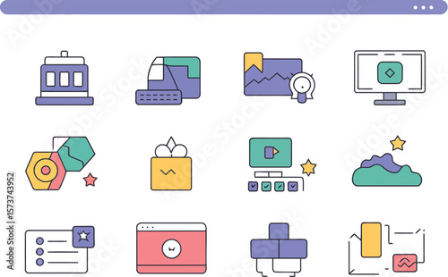A collection of twelve colorful icons displayed on a light blue background page