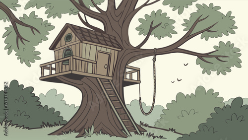 Illustration of a treehouse with rope swing and ladder in a forest setting