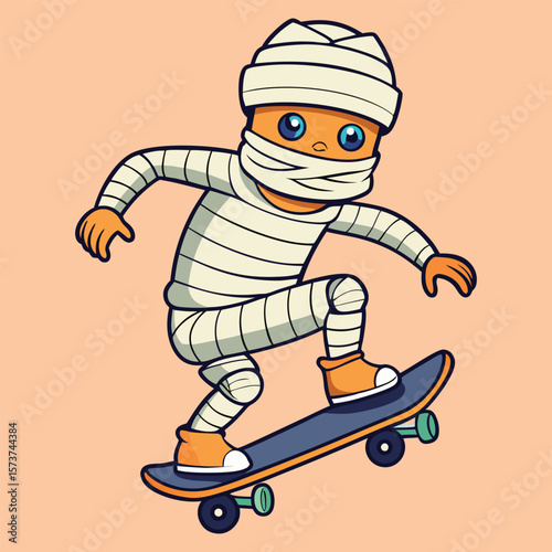 Halloween Mummy Character Performing Skateboard Trick Cartoon Art