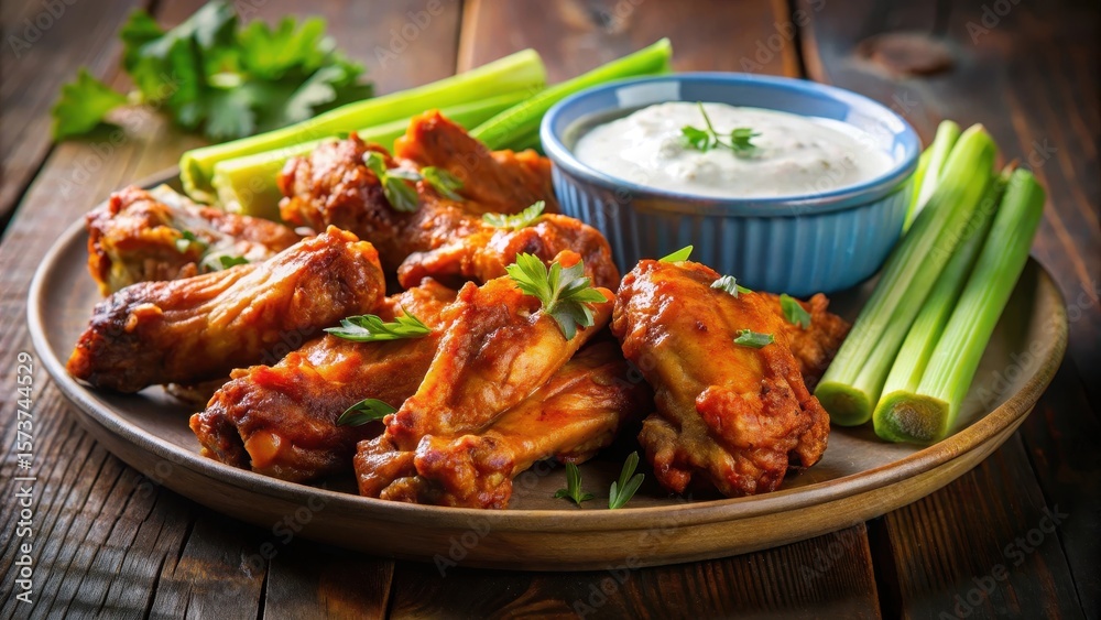 A juicy plate of barbecue chicken wings with a side of tangy blue cheese dressing and crispy celery sticks A juicy plate of barbecue chicken wings with a side of tangy blue cheese dressing and crispy celery sticks