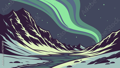Night landscape with northern lights over snowy mountains illustration