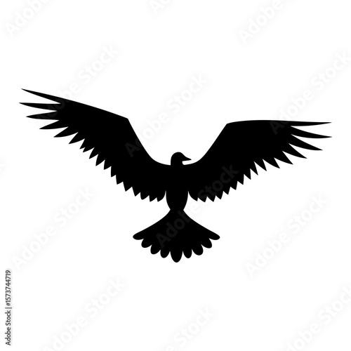 Silhouette of a bird with wings spread wide in flight against a white background
