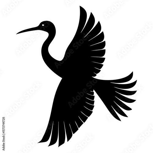 Elegant black silhouette of a crane bird in flight with wings spread wide