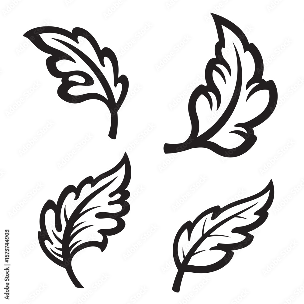 Fototapeta premium Vector illustration of four decorative black and white leaf ornaments for design elements and patterns