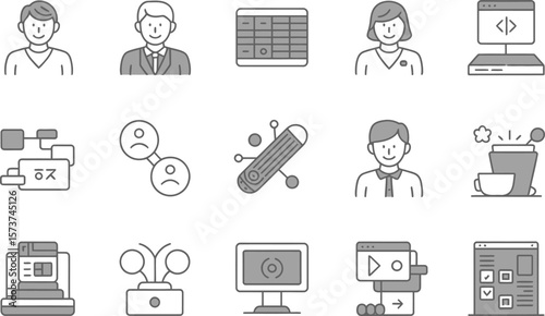 A collection of grayscale icons depicting people, technology, and other abstract concepts