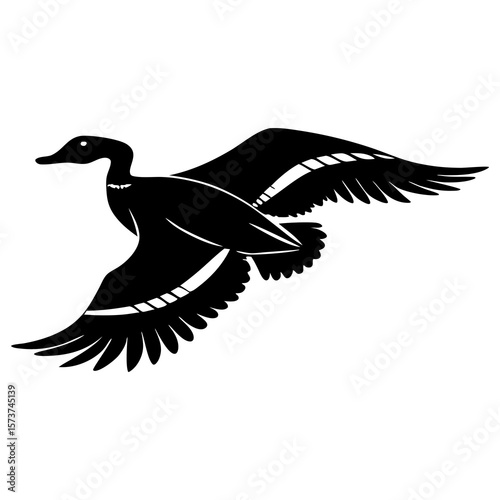 Black silhouette of a duck in flight with wings spread wide