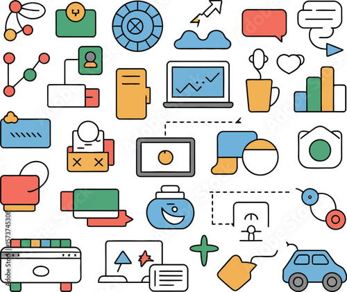 Illustration of various business and technology icons on a light gray background