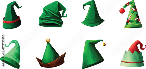 Eight Green Elf Hats Digital Painting Set Isolated on White Background P N G Transparent Cutout Clipping Path Social Media Full H D Image Stock Picture Bundle New Latest Download 2025 2026