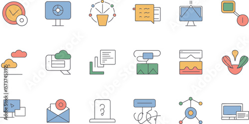 A collection of various line art icons representing technology and communication tools