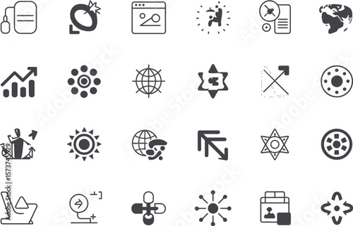 A collection of various black and white icons on a light gray background grid