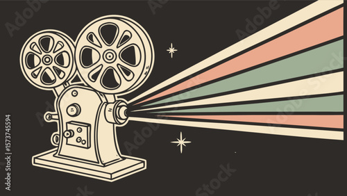Vintage movie projector illustration with colorful light rays design art