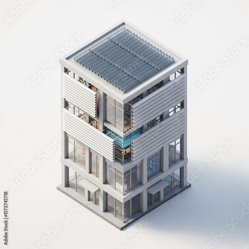 Isometric view of a modern building with glass windows and a rooftop.