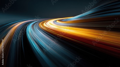 Coordinated digital information pulses create an abstract wave, showcasing vibrant colors that blend harmoniously in this tranquil setting at nightfall