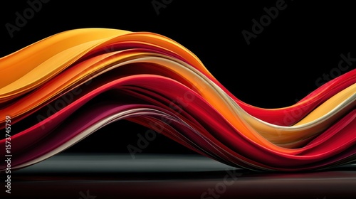 Stylized energy ribbons move in synchronized waves across a smooth dark surface, showcasing vibrant colors and fluid motion captured with natural lighting