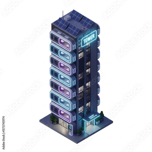 Futuristic high-rise building with solar panels and neon accents, isometric view.