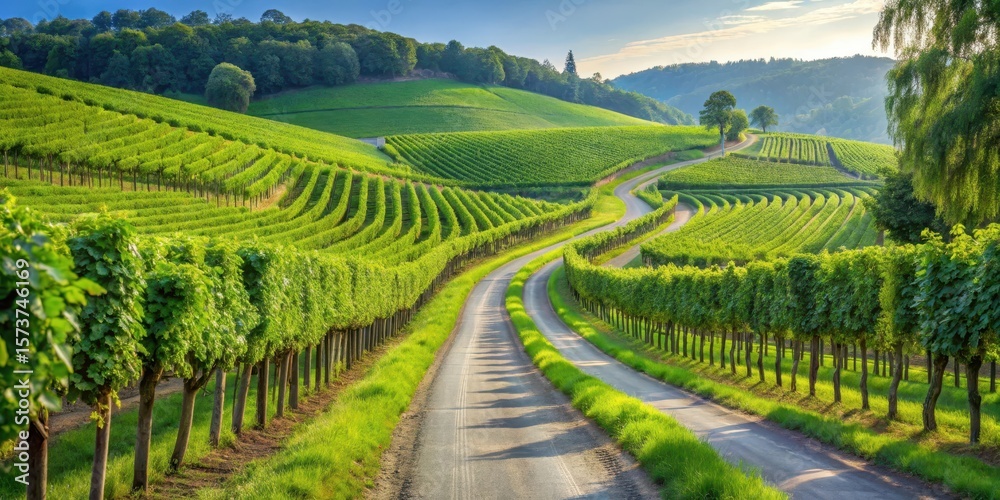 Naklejka premium Serpentine vineyard road winding through lush greenery and rows of grapevines