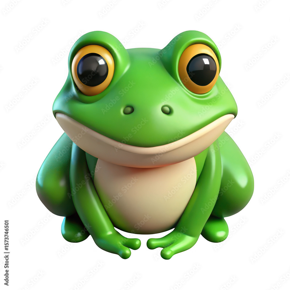 Fototapeta premium Cute cartoon green frog with big yellow eyes sitting and smiling isolated on transparent background