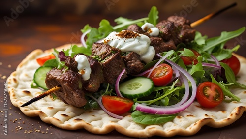 Traditional Middle Eastern lamb kebab served on flatbread with salad