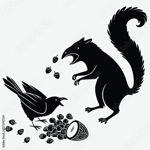 Squirrel slapping a crow over spilled acorns image silhouette design vector art and illustration