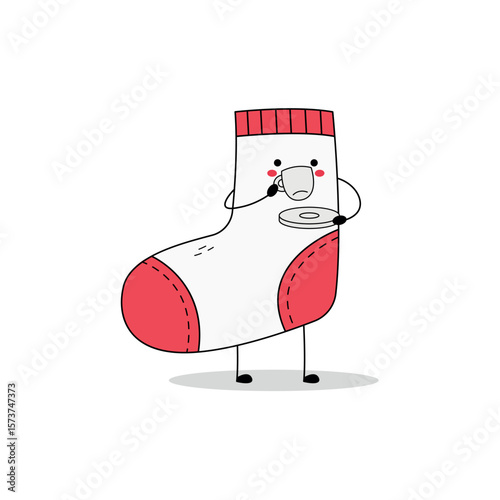 Cute sock cartoon character sipping tea doodle