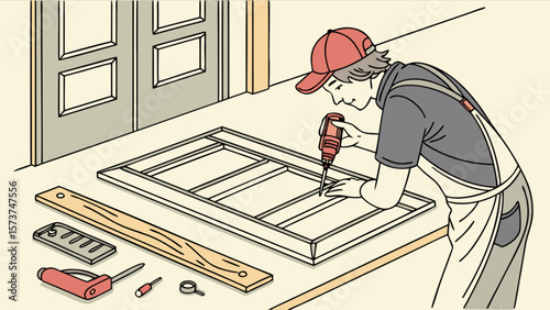 Carpenter working on door frame construction with power drill illustration
