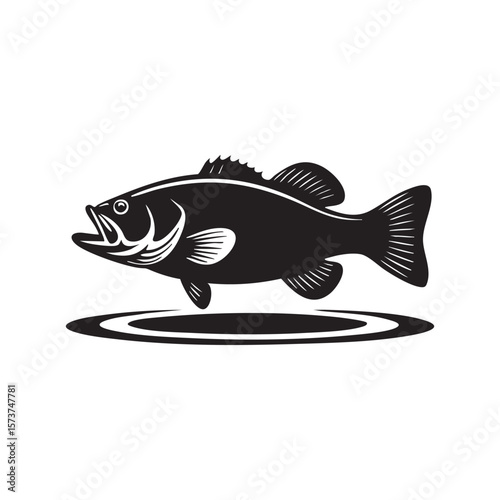 Black silhouette of a largemouth bass leaping from rippling water