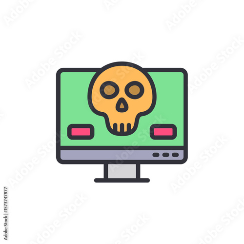 Computer Displaying Skull Icon Indicating Malware Or Cyber Threat