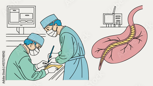 Surgical procedure illustration showing surgeons performing a spinal surgery
