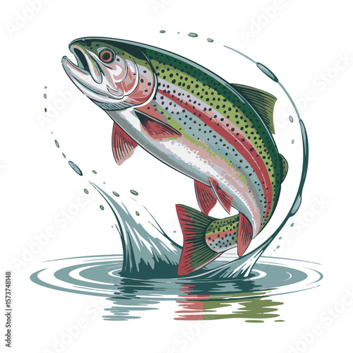 Dynamic illustration of a rainbow trout leaping from stylized water with splashes and ripples