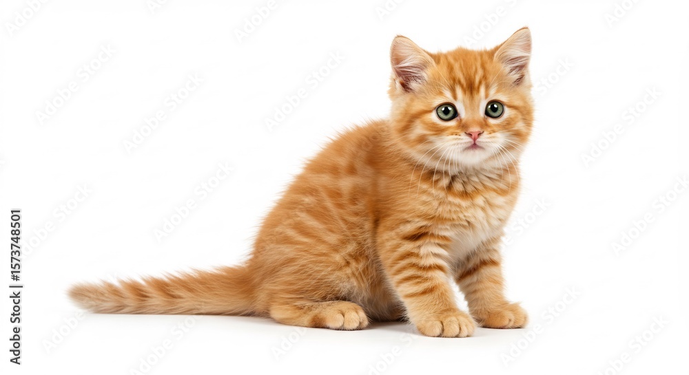 Obraz premium 愛らしい子猫 白い背景で輝く毛並み 穏やかな光. AI Generated