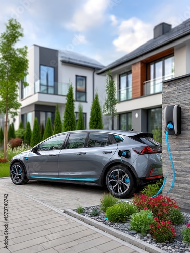 Electric car charging at a modern home