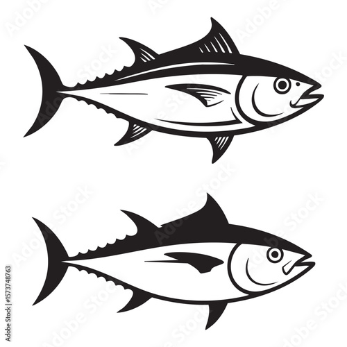 Two stylized black and white illustrations of tuna fish swimming on a white background