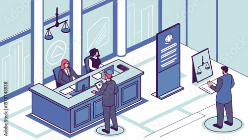 Law firm reception area with lawyers and clients for legal services firms