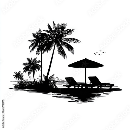 Black and white tropical island scene