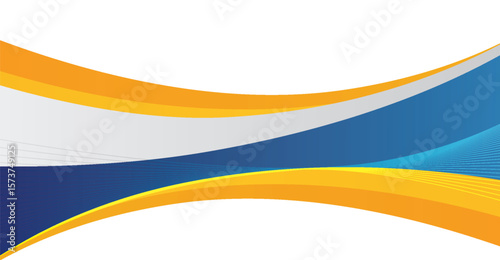Flowing bands of vibrant blue, gold, and gray colors create a smooth, dynamic wave effect against a stark white backdrop, suggesting movement and a modern, fluid design concept