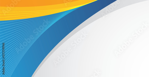 This abstract image presents a dynamic composition with curving blue lines, bold blue fields, and warm gold segments, all contrasted against a pristine white backdrop