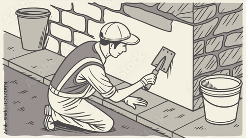 Masonry construction worker plastering brick wall repair and maintenance job