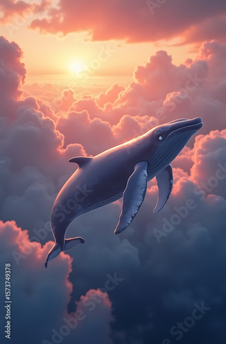 A whale swims through a sea of fluffy clouds, illuminated by a radiant sunset.