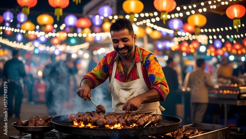 Street vendor grilling kebabs at night market with glowing coals