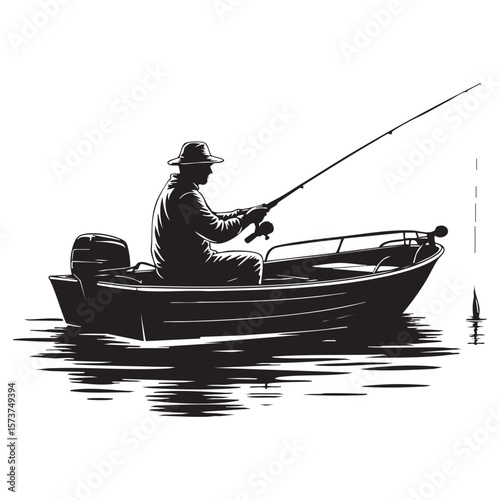 Silhouette of a fisherman in a hat casting a fishing line from a boat on the water