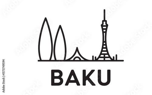 Minimalist Baku Cityscape Illustration Featuring Iconic Landmarks and Modern Design Elements Representing Azerbaijan's Capital City