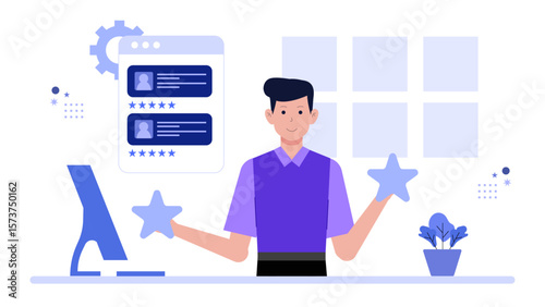 Startup founder reviewing product feedback, flat vector illustration