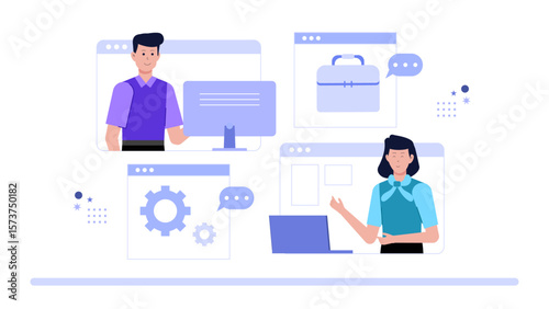 Freelancer hosting virtual portfolio presentation, flat vector illustration