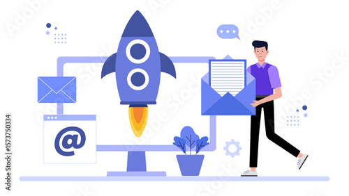 Startup running pre-launch email campaign, flat vector illustration