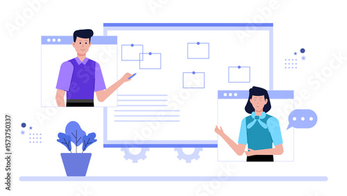 Remote team using Kanban board for workflow, flat vector illustration