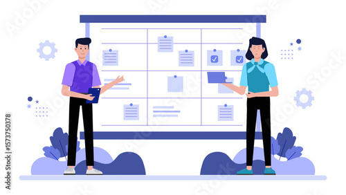 Team collaborating on cloud-based whiteboard, flat vector illustration