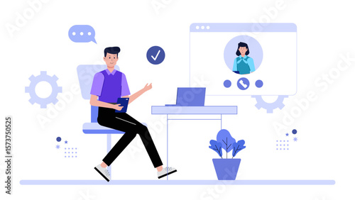 HR conducting exit interviews online, flat vector illustration