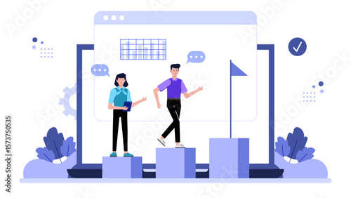 Customer success team creating onboarding flow, flat vector illustration