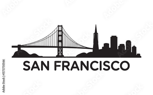 San Francisco Cityscape Silhouette with Golden Gate Bridge and Prominent Buildings Depicting the Iconic City in Minimalist Style